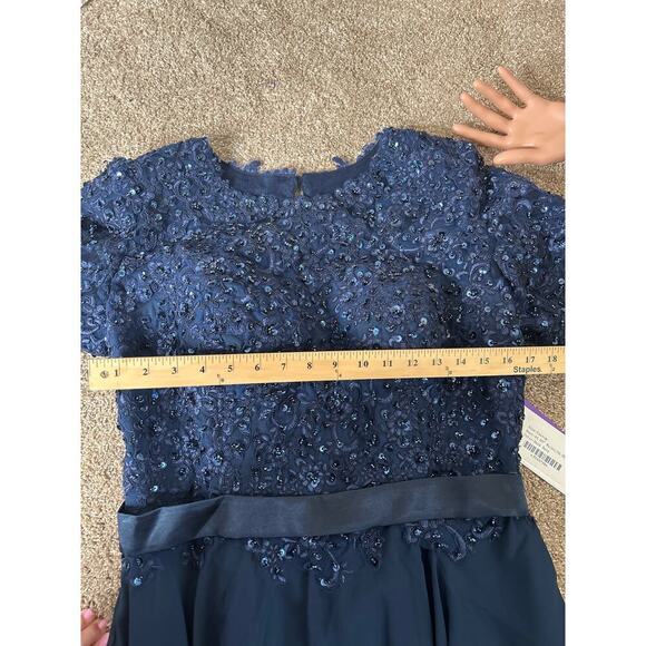 JJ's House A-line Boat Neck Illusion Maxi Lace Chiffon Dress Sequins Navy Blue - Picture 7 of 9